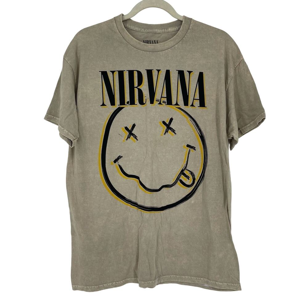 Officially Licensed‎ Nirvana Nevermind Smiley Grunge Tee Beige Acid Wash Large